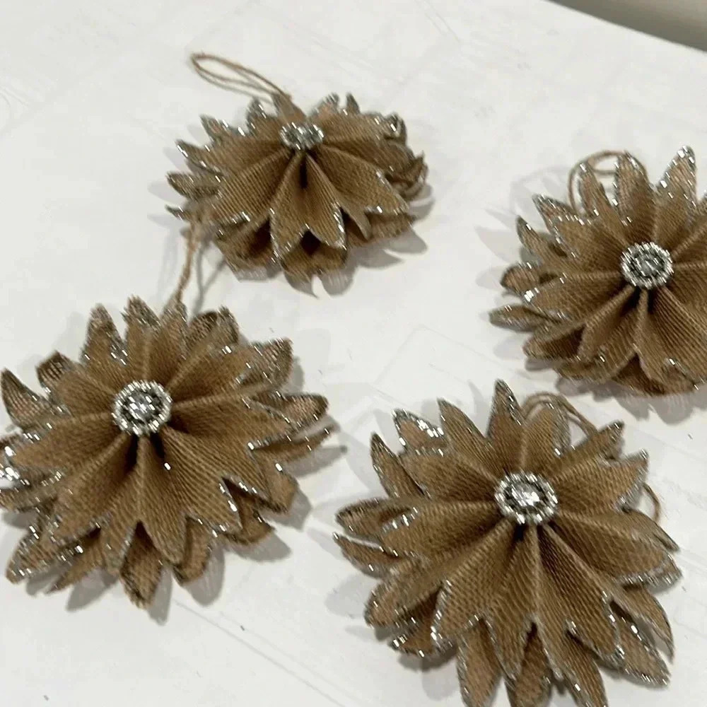 Burlap snowflakes with silver embellishments